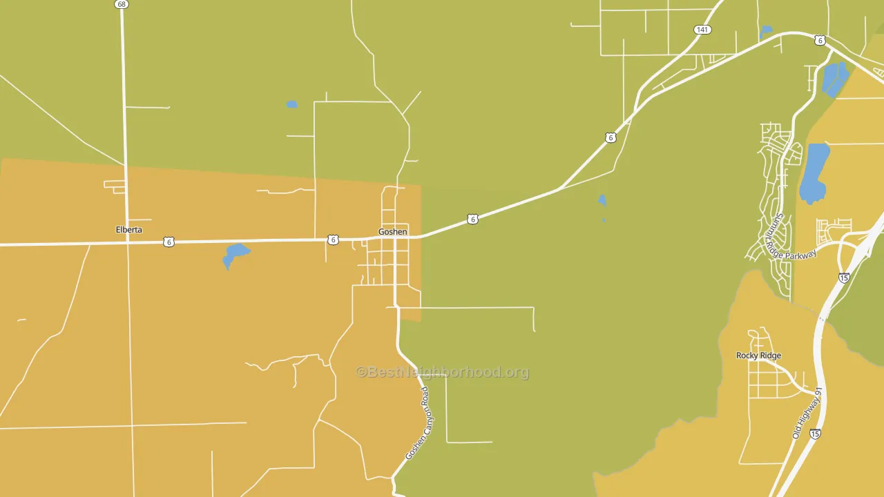 Map of the best neighborhoods in the Goshen area, with better matches in green and worse matches in red