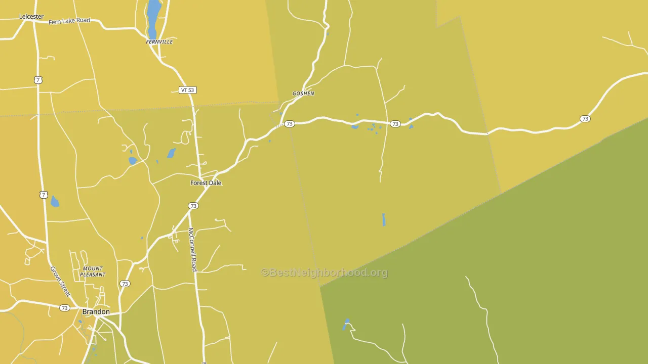 Map of the best neighborhoods in the Goshen area, with better matches in green and worse matches in red