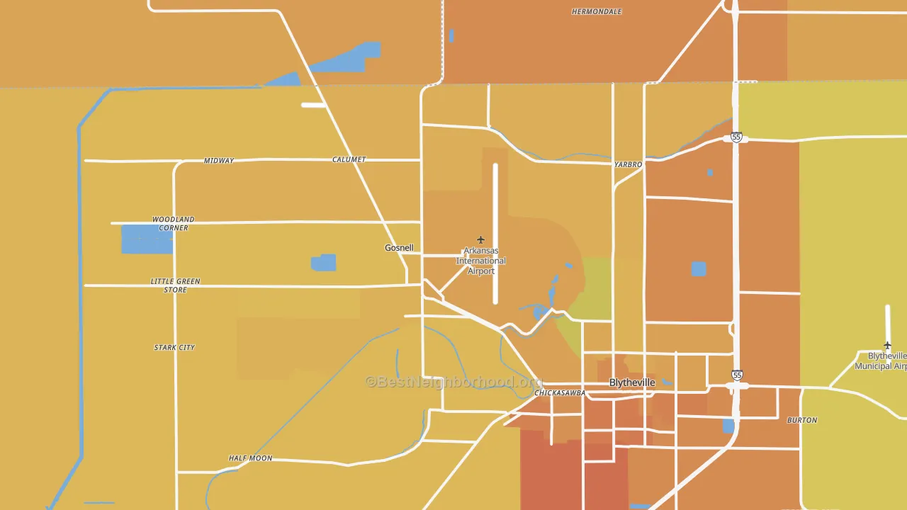 Map of the best neighborhoods in the Gosnell area, with better matches in green and worse matches in red
