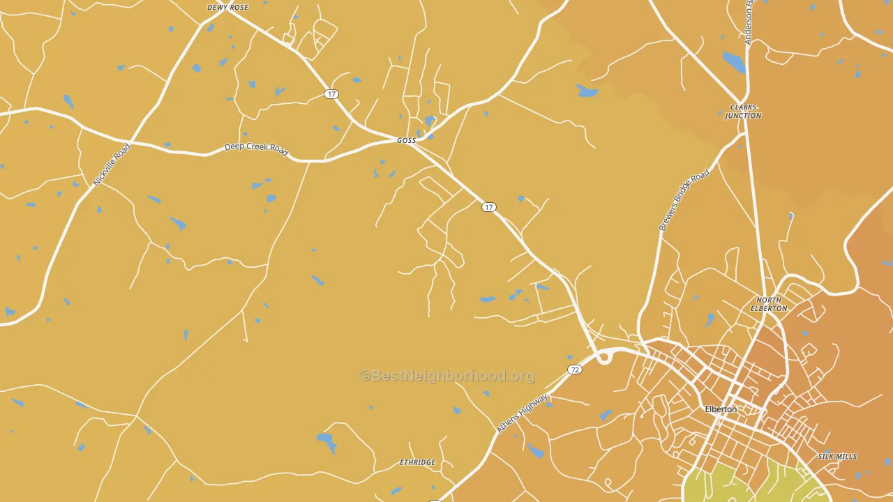 Map of the best neighborhoods in the Goss area, with better matches in green and worse matches in red