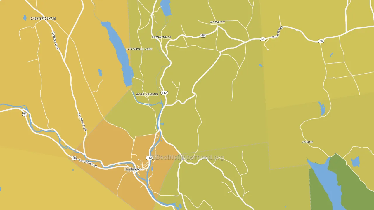 Map of the best neighborhoods in the Goss Heights area, with better matches in green and worse matches in red