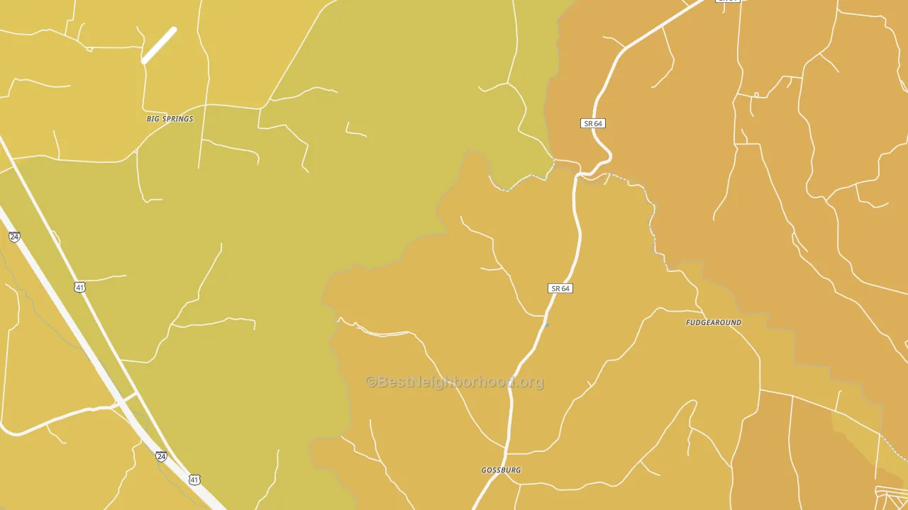 Map of the best neighborhoods in the Gossburg area, with better matches in green and worse matches in red
