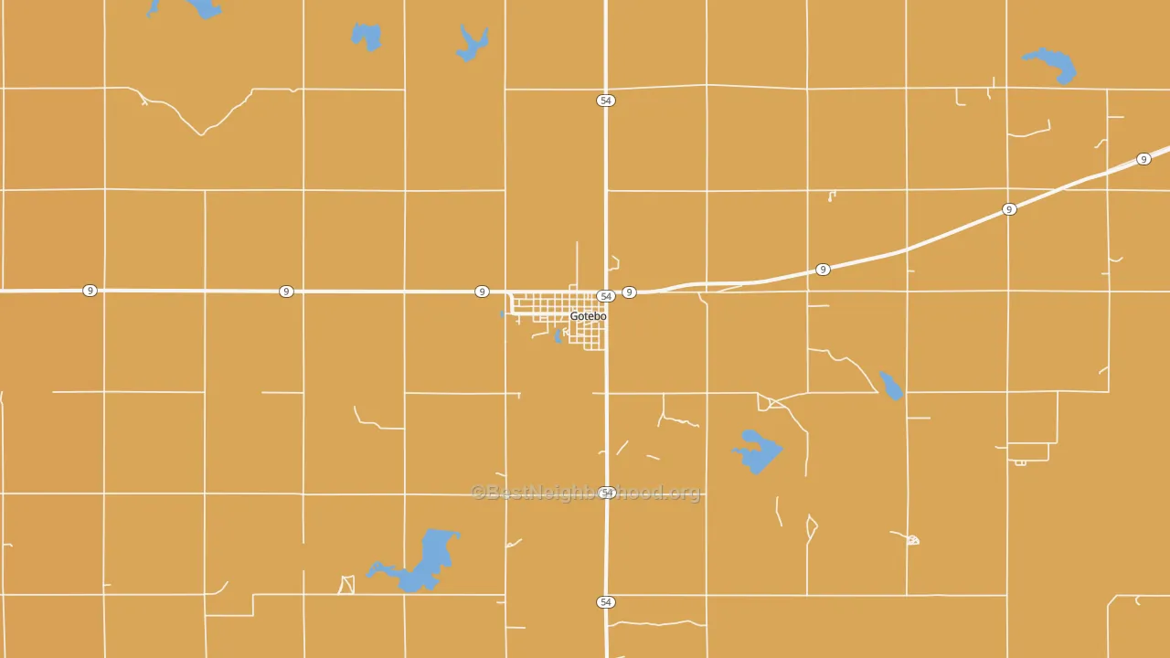 Map of the best neighborhoods in the Gotebo area, with better matches in green and worse matches in red