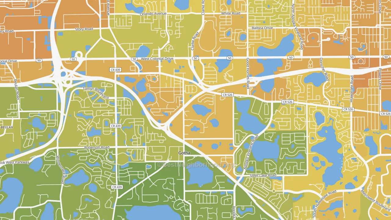 Map of the best neighborhoods in the Gotha area, with better matches in green and worse matches in red