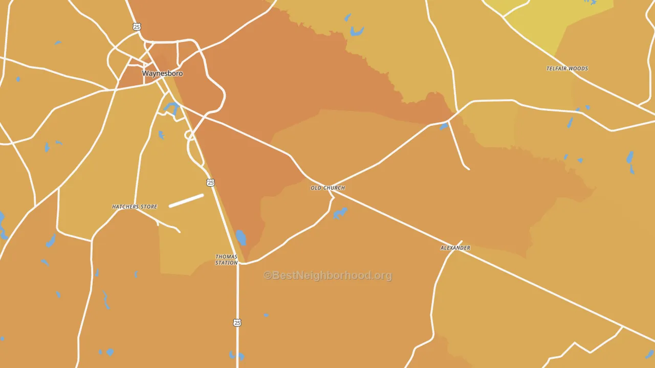 Map of the best neighborhoods in the Gough area, with better matches in green and worse matches in red