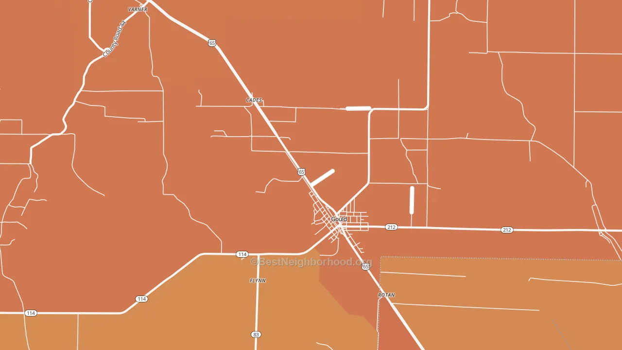 Map of the best neighborhoods in the Gould area, with better matches in green and worse matches in red