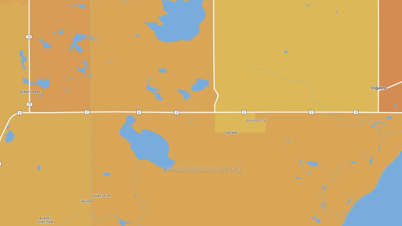Map of the best neighborhoods in the Gould City area, with better matches in green and worse matches in red