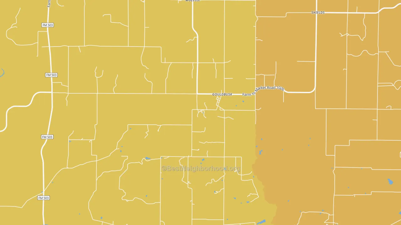 Map of the best neighborhoods in the Gouldbusk area, with better matches in green and worse matches in red