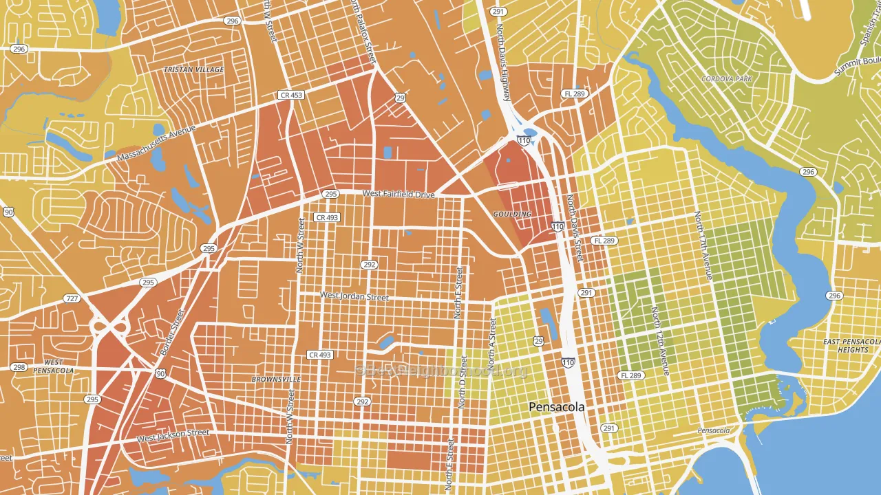 Map of the best neighborhoods in the Goulding area, with better matches in green and worse matches in red