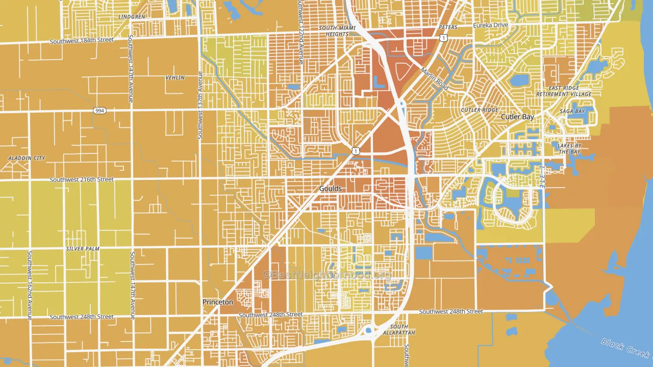 Map of the best neighborhoods in the Goulds area, with better matches in green and worse matches in red