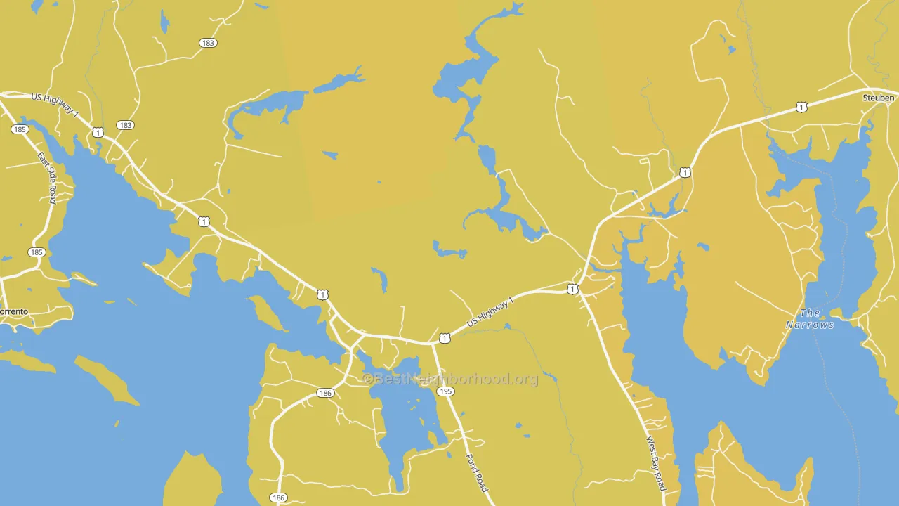 Map of the best neighborhoods in the Gouldsboro area, with better matches in green and worse matches in red