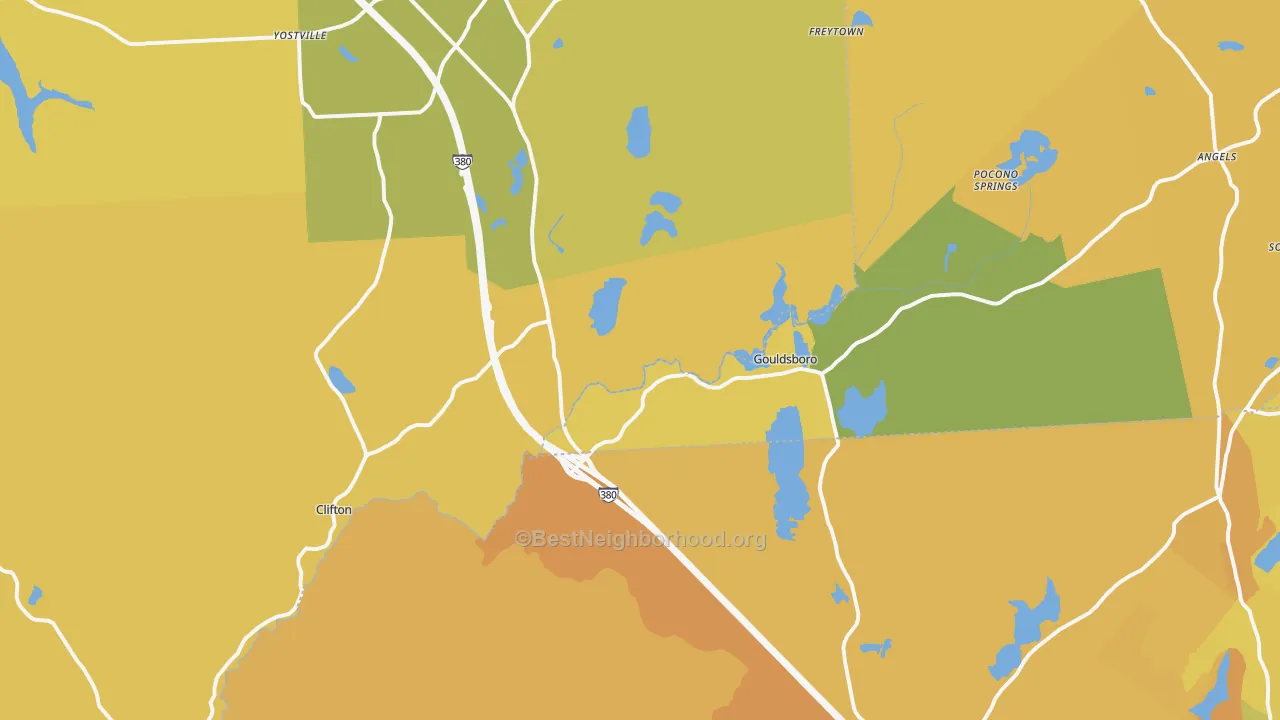 Map of the best neighborhoods in the Gouldsboro area, with better matches in green and worse matches in red