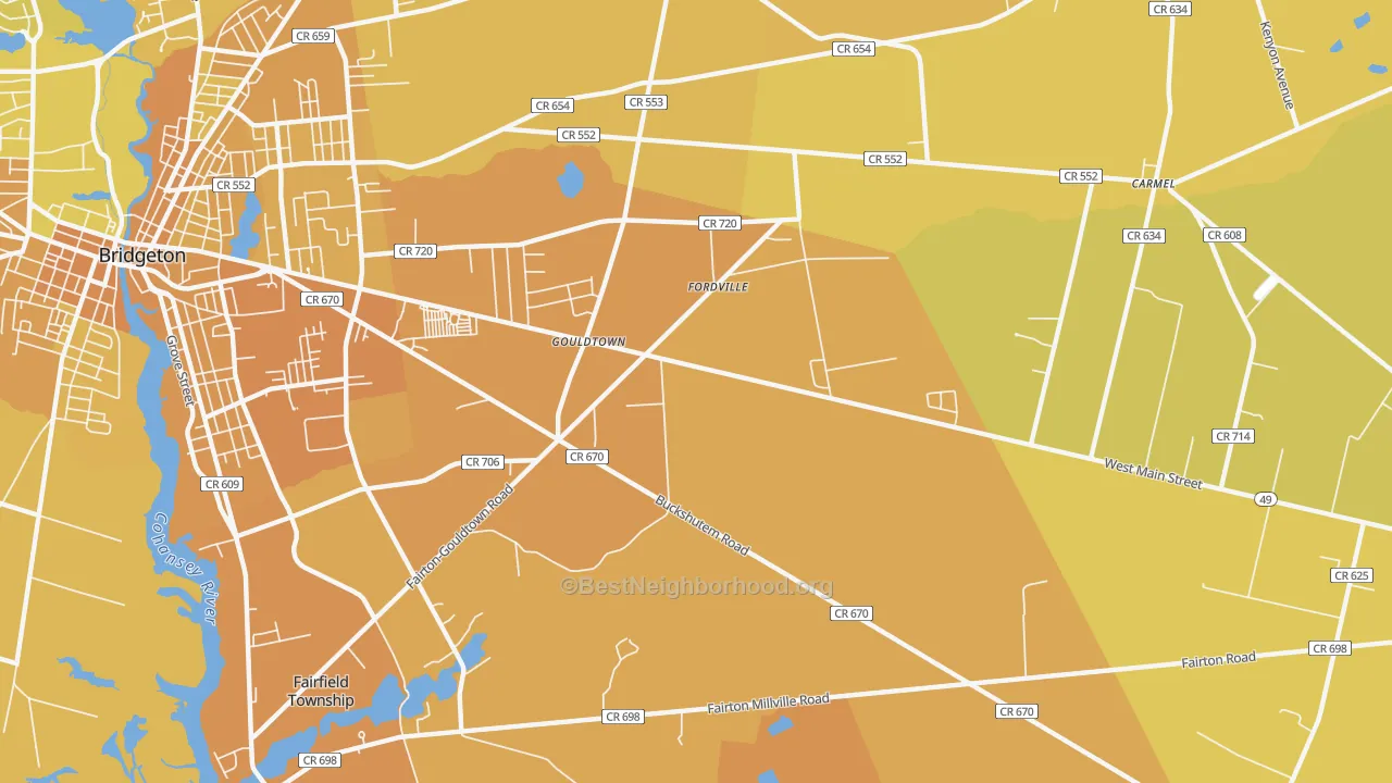 Map of the best neighborhoods in the Gouldtown area, with better matches in green and worse matches in red