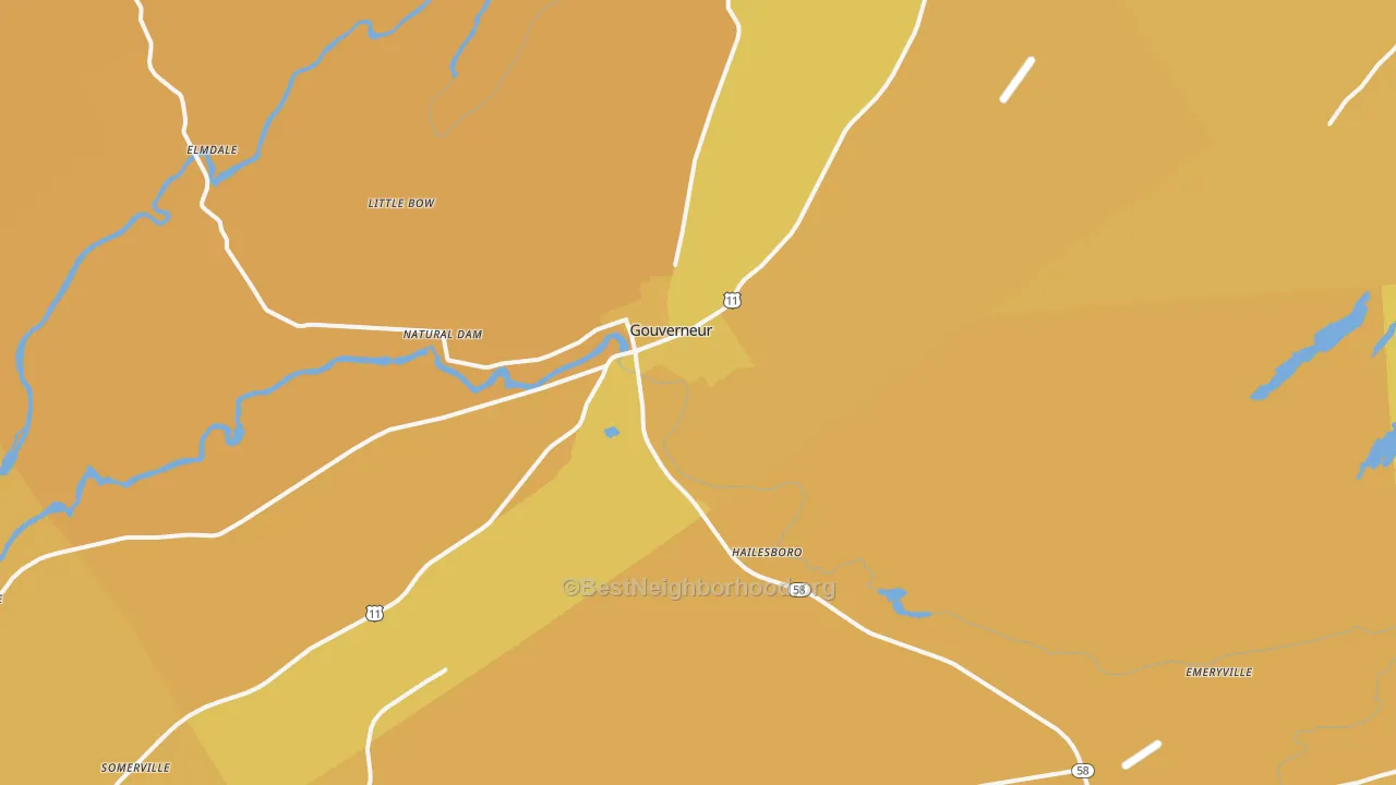 Map of the best neighborhoods in the Gouverneur area, with better matches in green and worse matches in red