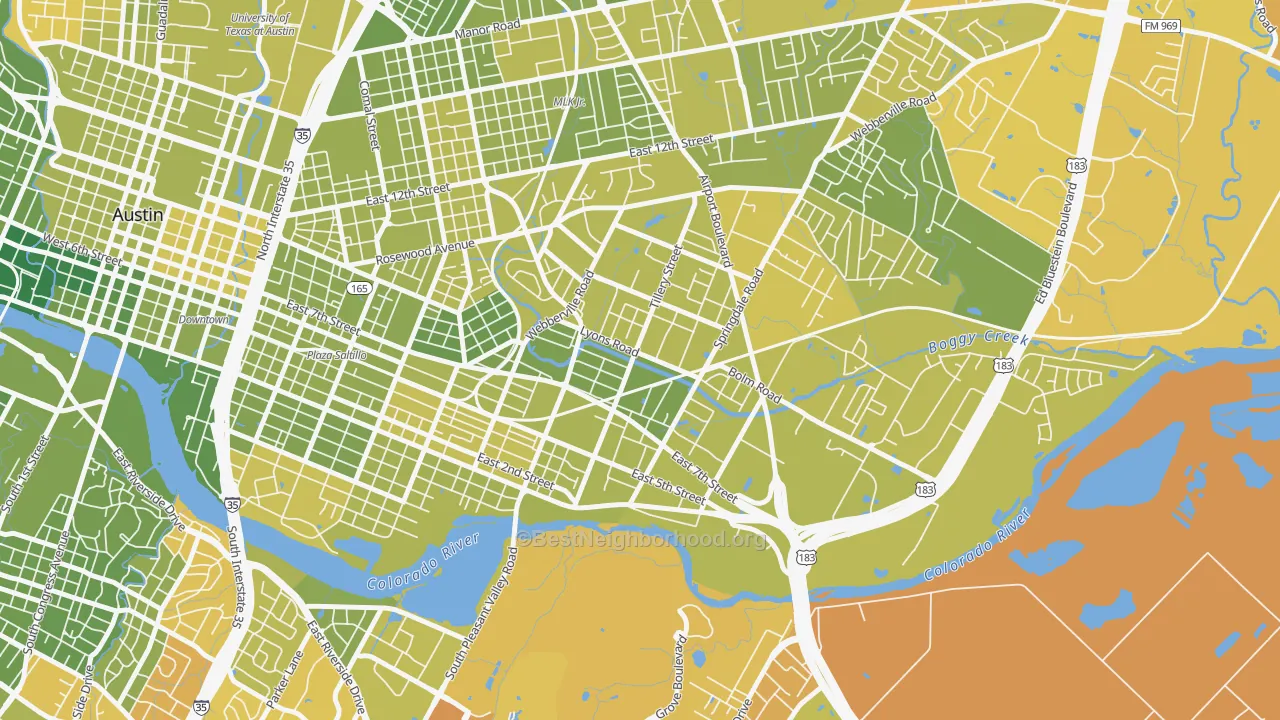 Map of the best neighborhoods in the Govalle, Austin area, with better matches in green and worse matches in red