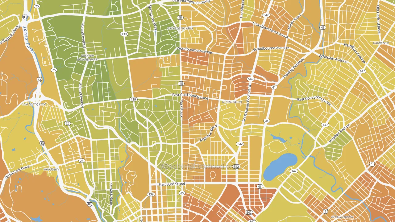 Map of the best neighborhoods in the Govans, Baltimore area, with better matches in green and worse matches in red