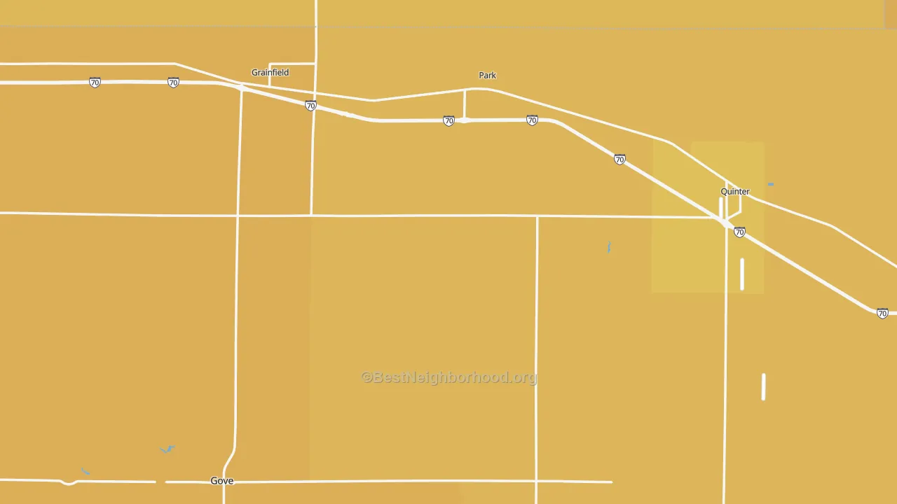 Map of the best neighborhoods in the Gove County area, with better matches in green and worse matches in red