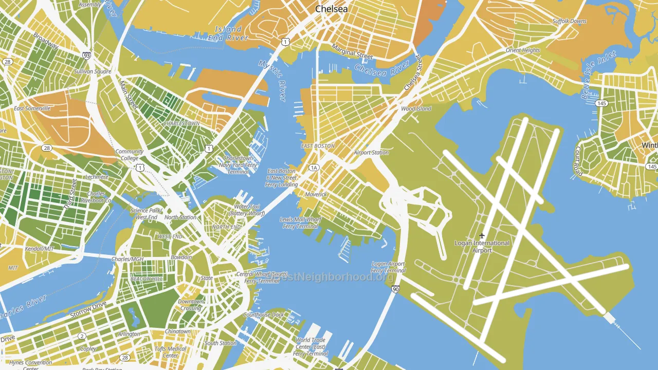 Map of the best neighborhoods in the Gove Street, Boston area, with better matches in green and worse matches in red
