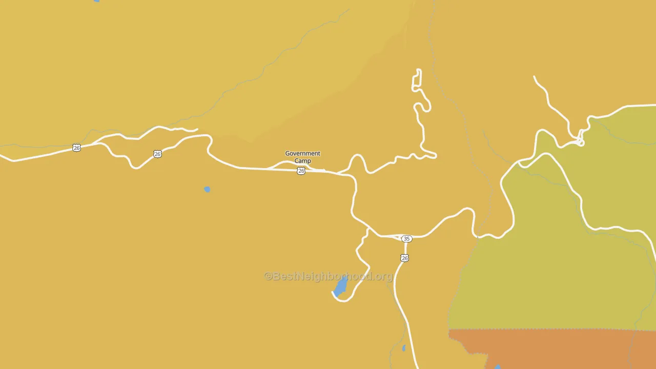 Map of the best neighborhoods in the Government Camp area, with better matches in green and worse matches in red