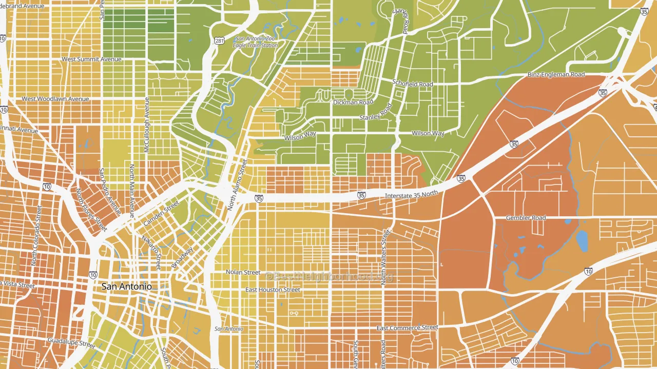Map of the best neighborhoods in the Government Hill Alliance, San Antonio area, with better matches in green and worse matches in red
