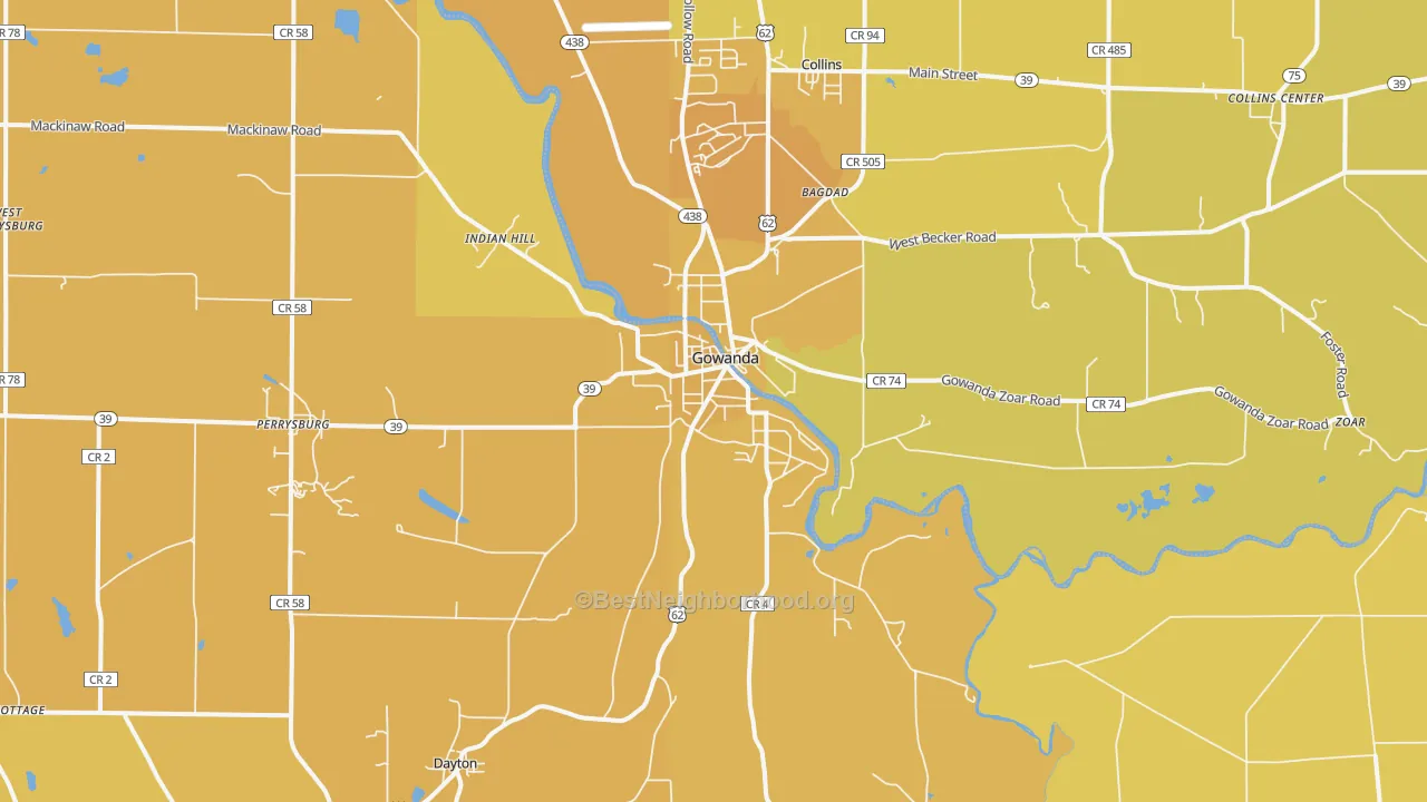 Map of the best neighborhoods in the Gowanda area, with better matches in green and worse matches in red