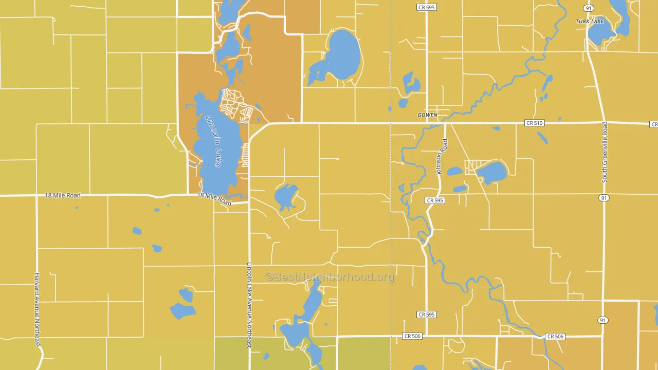 Map of the best neighborhoods in the Gowen area, with better matches in green and worse matches in red