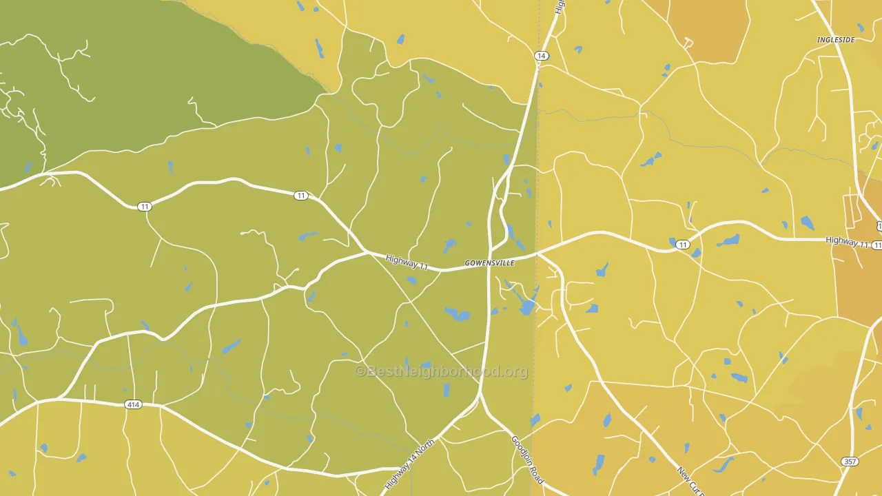 Map of the best neighborhoods in the Gowensville area, with better matches in green and worse matches in red