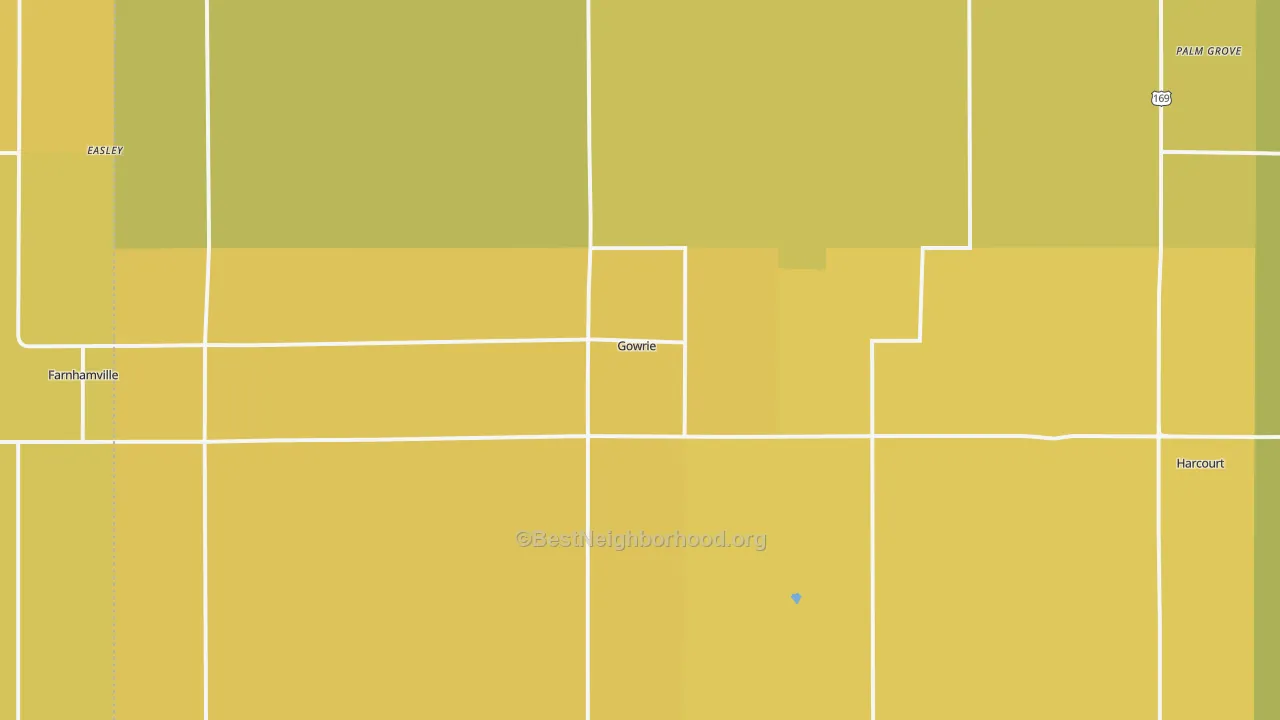 Map of the best neighborhoods in the Gowrie area, with better matches in green and worse matches in red