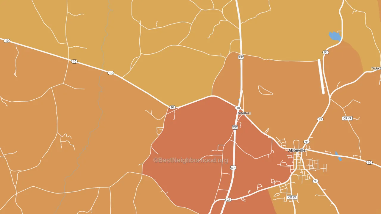 Map of the best neighborhoods in the Graball area, with better matches in green and worse matches in red