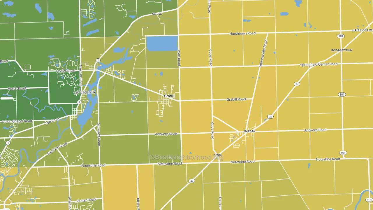 Map of the best neighborhoods in the Grabill area, with better matches in green and worse matches in red