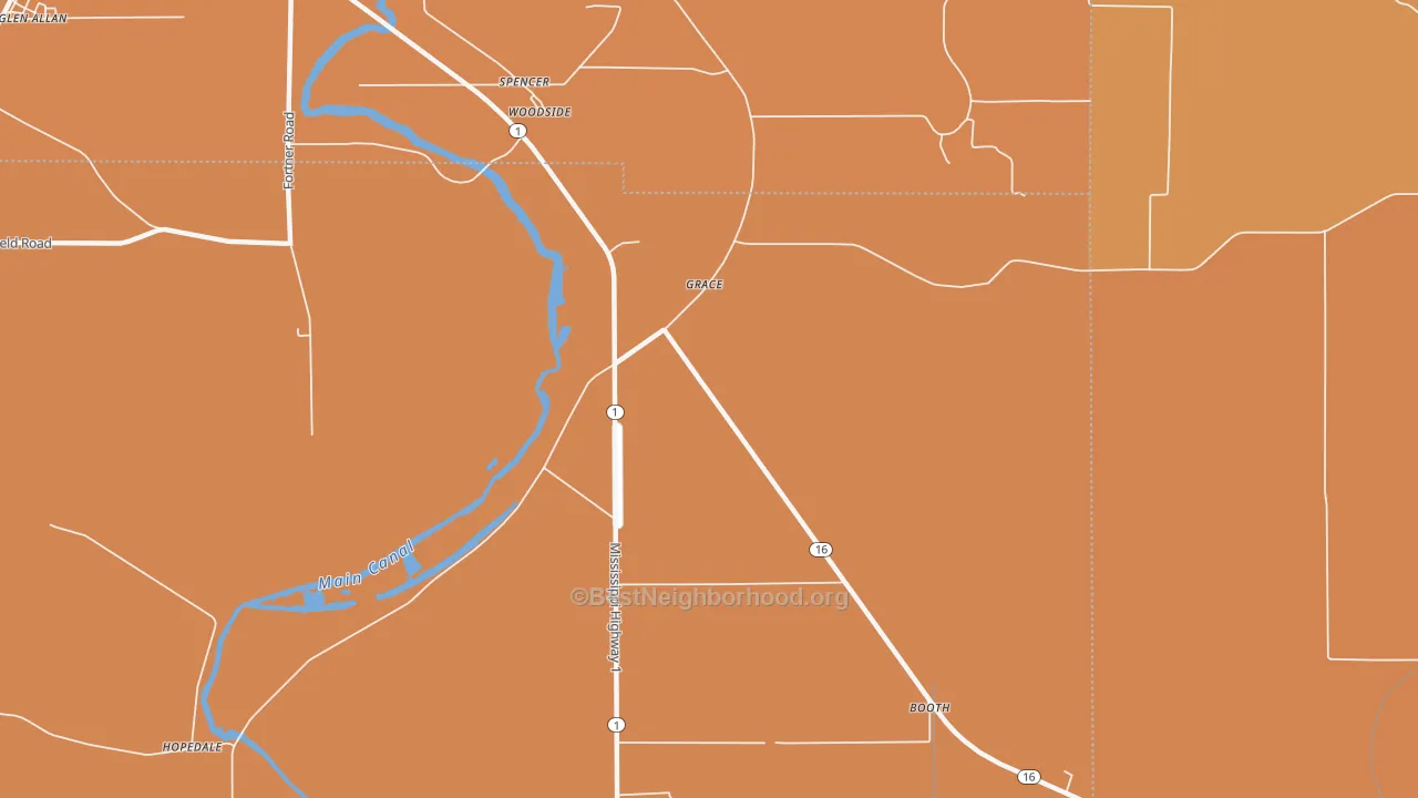 Map of the best neighborhoods in the Grace area, with better matches in green and worse matches in red