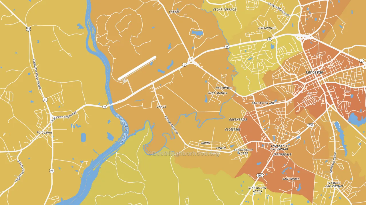 Map of the best neighborhoods in the Grace area, with better matches in green and worse matches in red