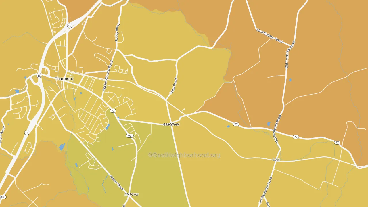 Map of the best neighborhoods in the Graceham area, with better matches in green and worse matches in red