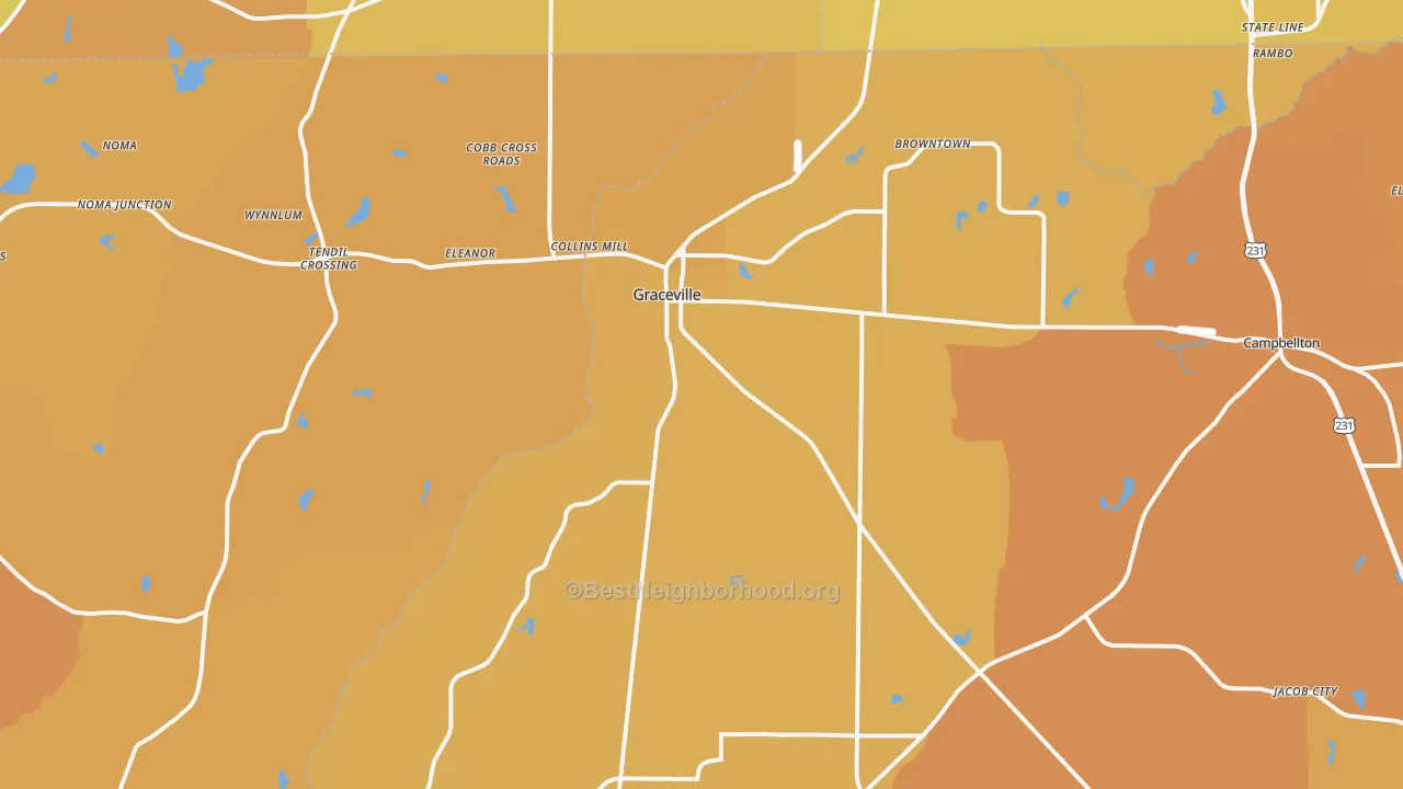 Map of the best neighborhoods in the Graceville area, with better matches in green and worse matches in red
