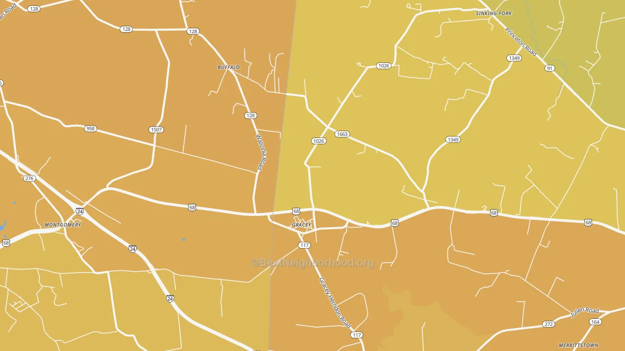 Map of the best neighborhoods in the Gracey area, with better matches in green and worse matches in red