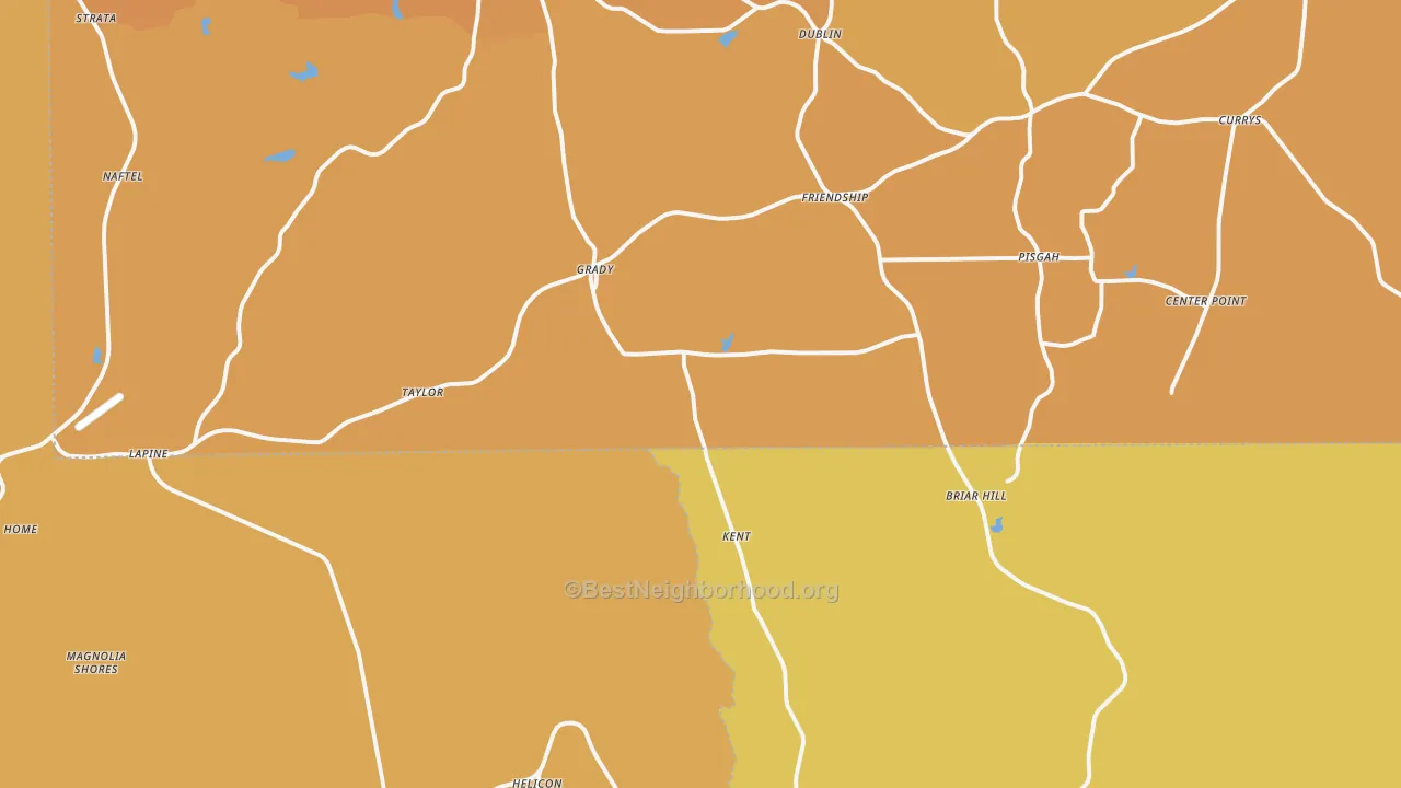 Map of the best neighborhoods in the Grady area, with better matches in green and worse matches in red