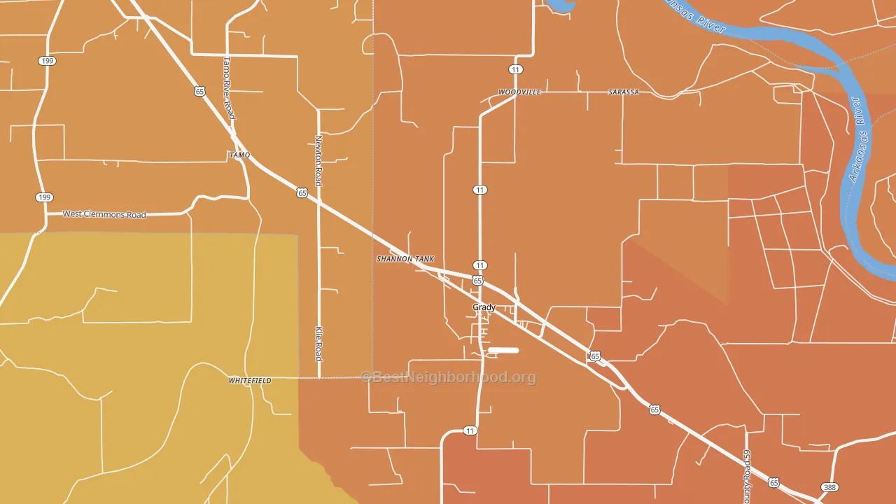 Map of the best neighborhoods in the Grady area, with better matches in green and worse matches in red