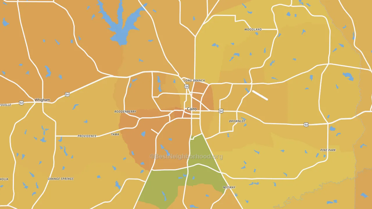 Map of the best neighborhoods in the Grady County area, with better matches in green and worse matches in red