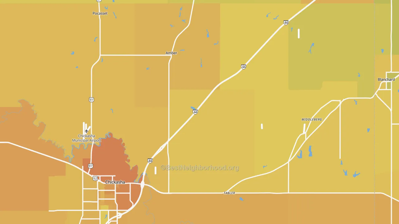 Map of the best neighborhoods in the Grady County area, with better matches in green and worse matches in red
