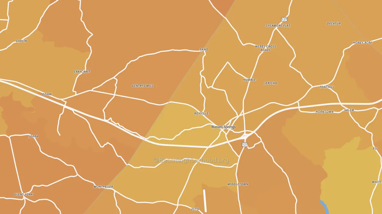 Map of the best neighborhoods in the Gradyville area, with better matches in green and worse matches in red