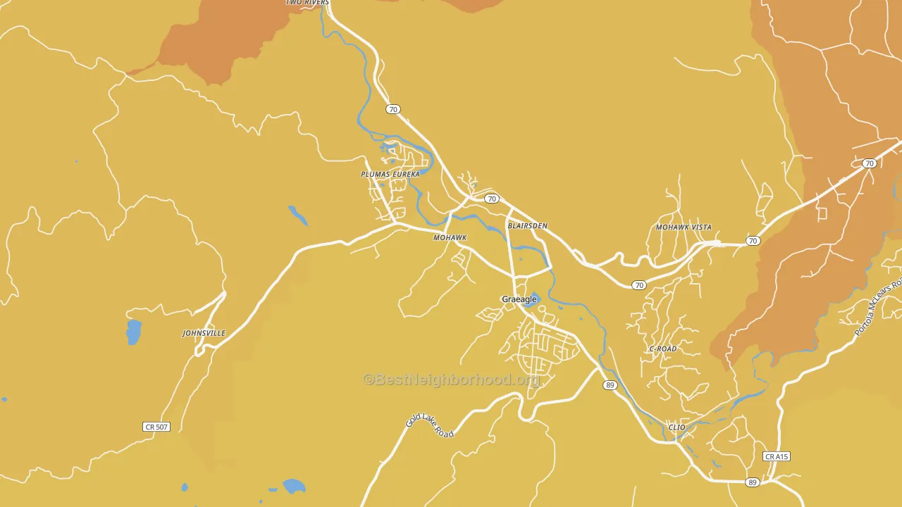 Map of the best neighborhoods in the Graeagle area, with better matches in green and worse matches in red