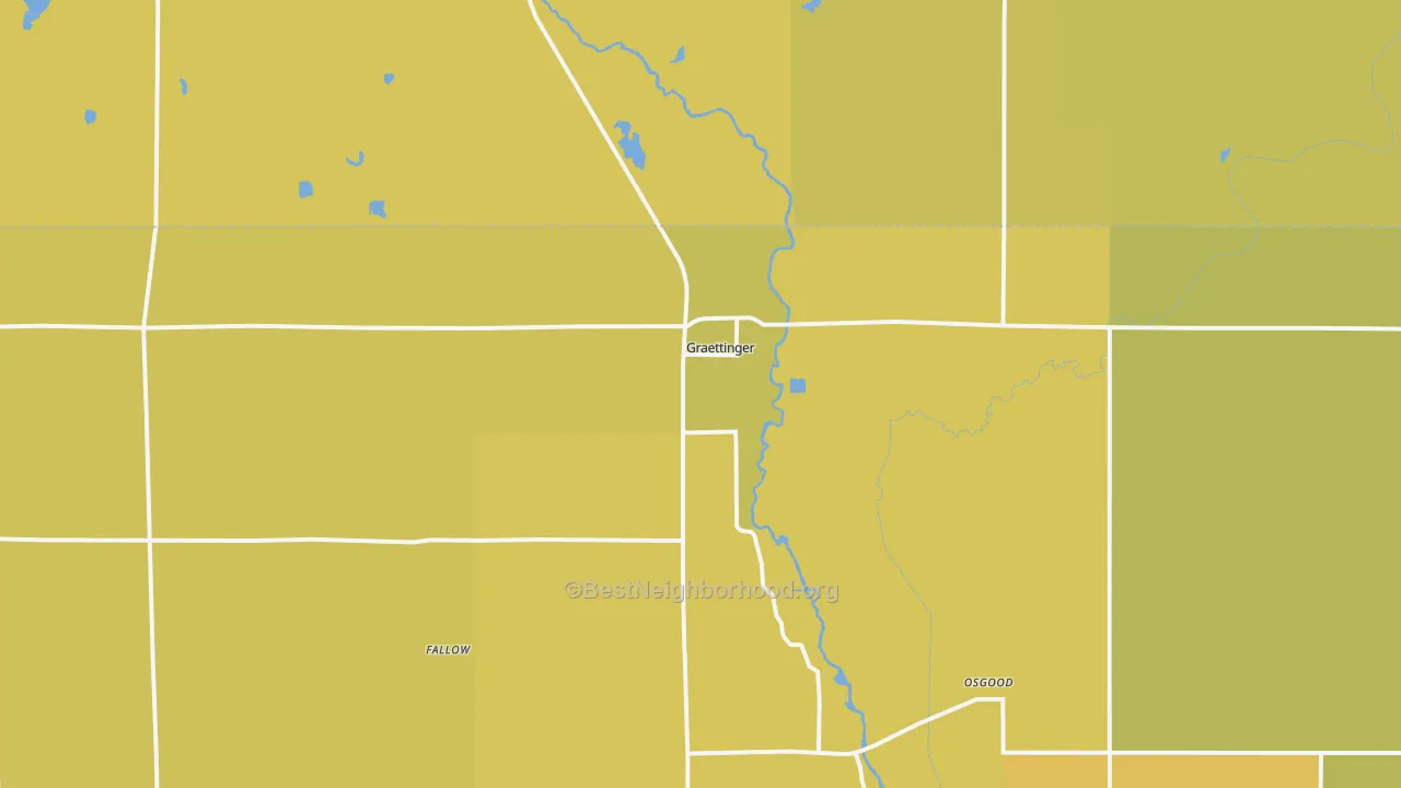 Map of the best neighborhoods in the Graettinger area, with better matches in green and worse matches in red