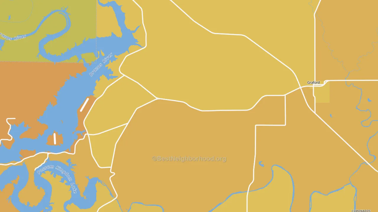 Map of the best neighborhoods in the Graford area, with better matches in green and worse matches in red