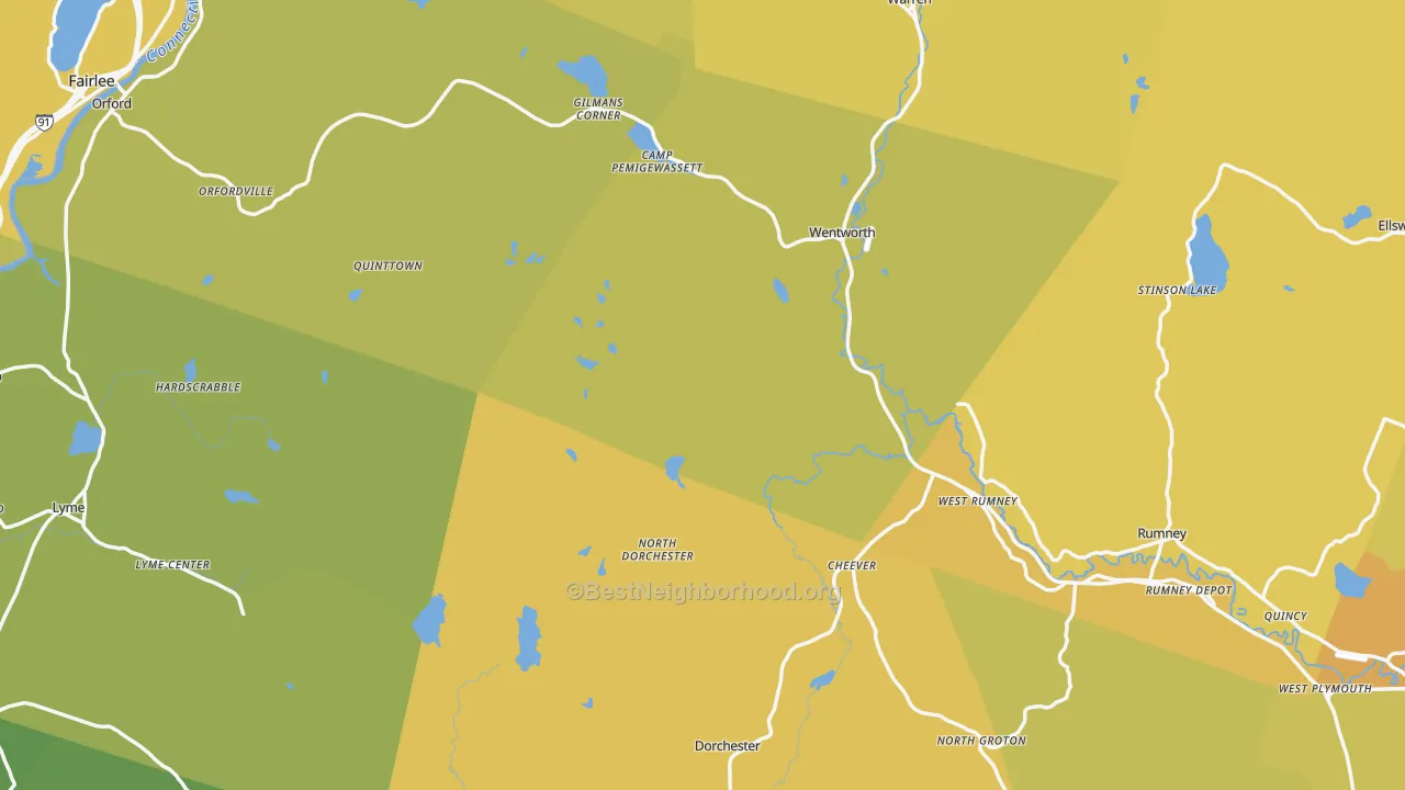 Map of the best neighborhoods in the Grafton County area, with better matches in green and worse matches in red