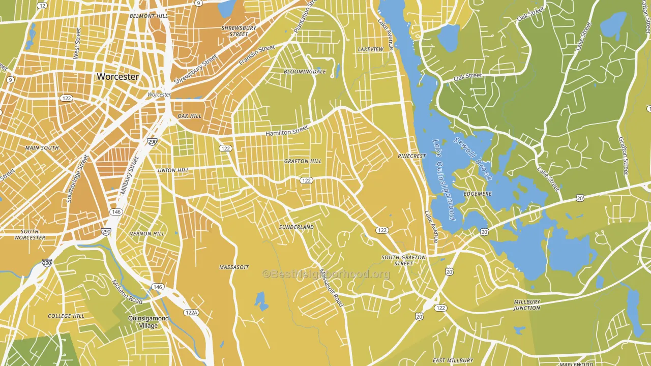 Map of the best neighborhoods in the Grafton Hill, Worcester area, with better matches in green and worse matches in red