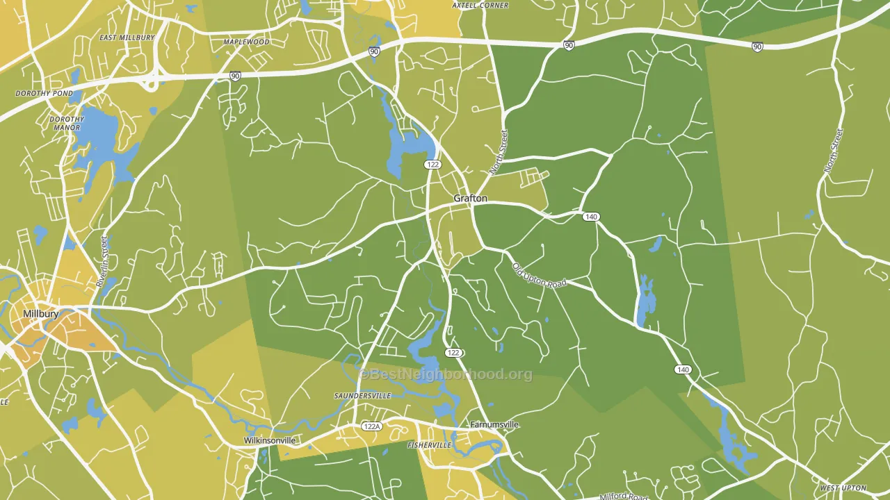 Map of the best neighborhoods in the Grafton area, with better matches in green and worse matches in red
