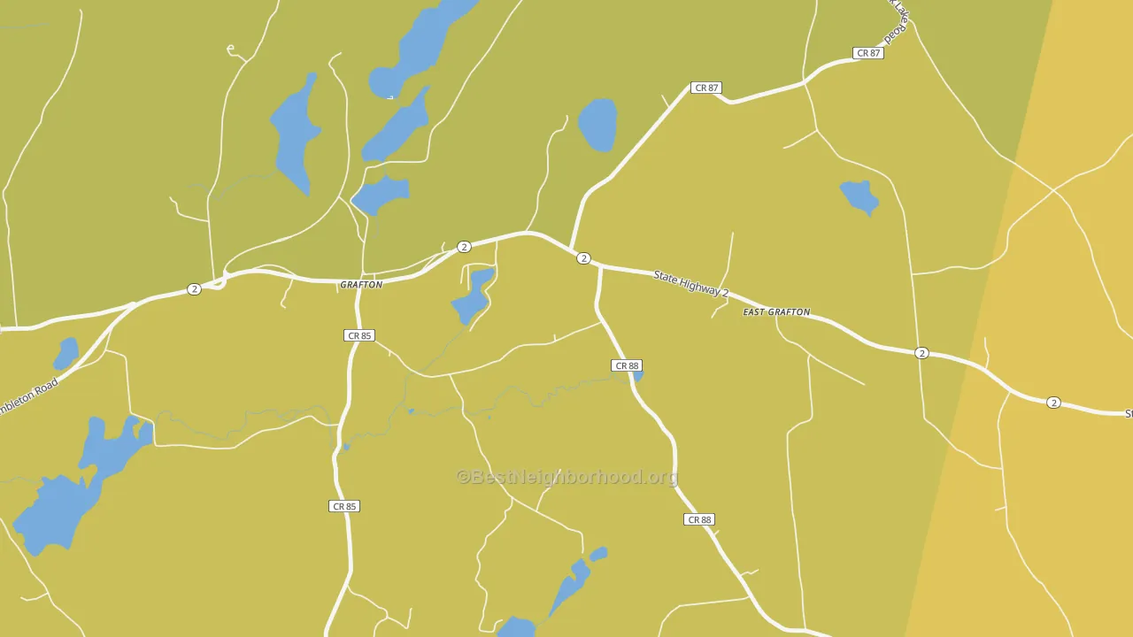 Map of the best neighborhoods in the Grafton area, with better matches in green and worse matches in red