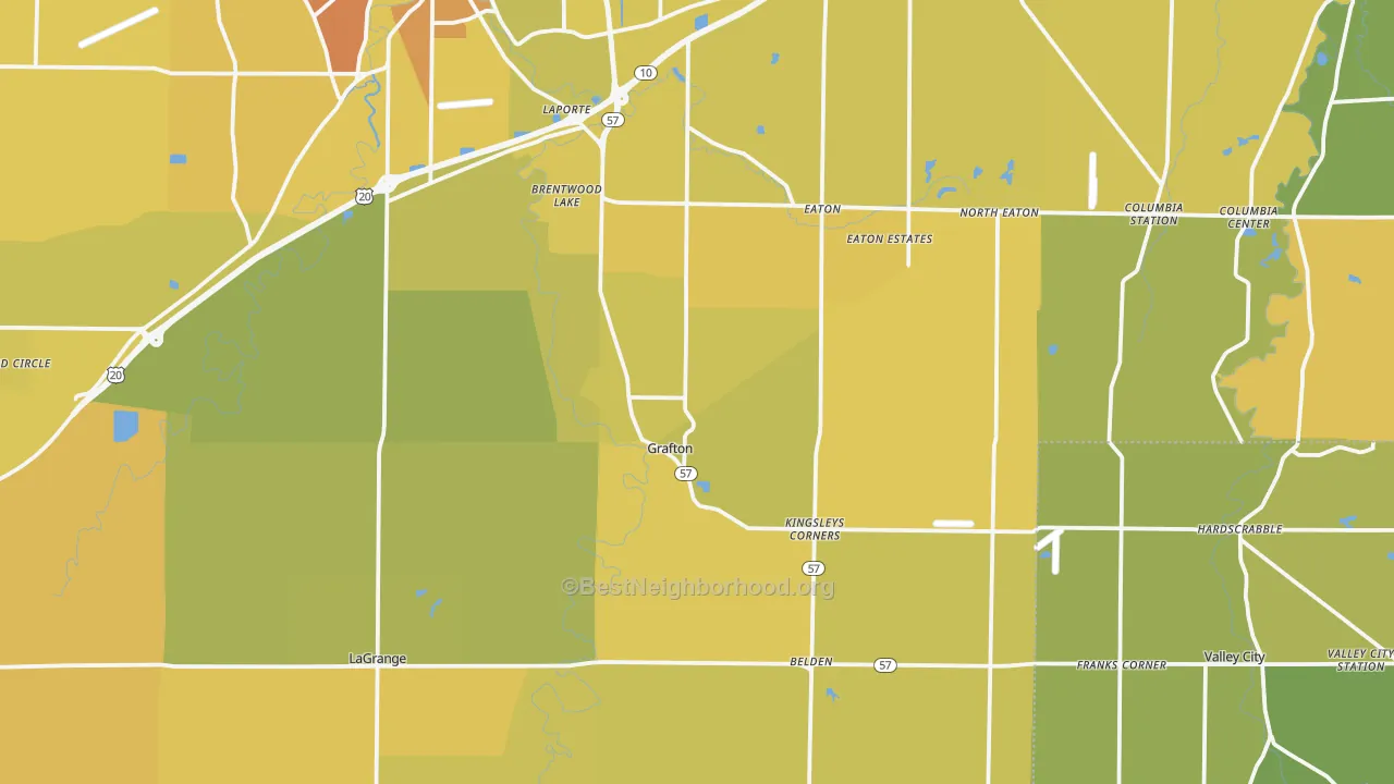 Map of the best neighborhoods in the Grafton area, with better matches in green and worse matches in red