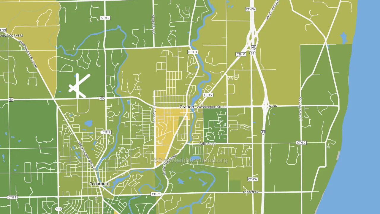 Map of the best neighborhoods in the Grafton area, with better matches in green and worse matches in red