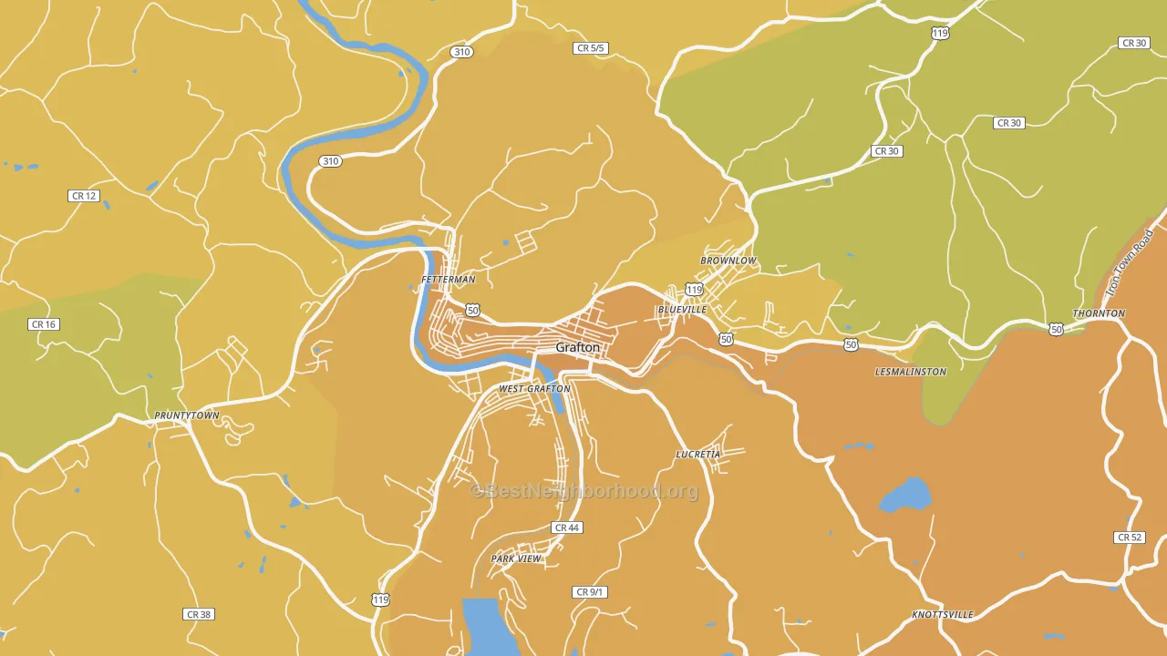 Map of the best neighborhoods in the Grafton area, with better matches in green and worse matches in red